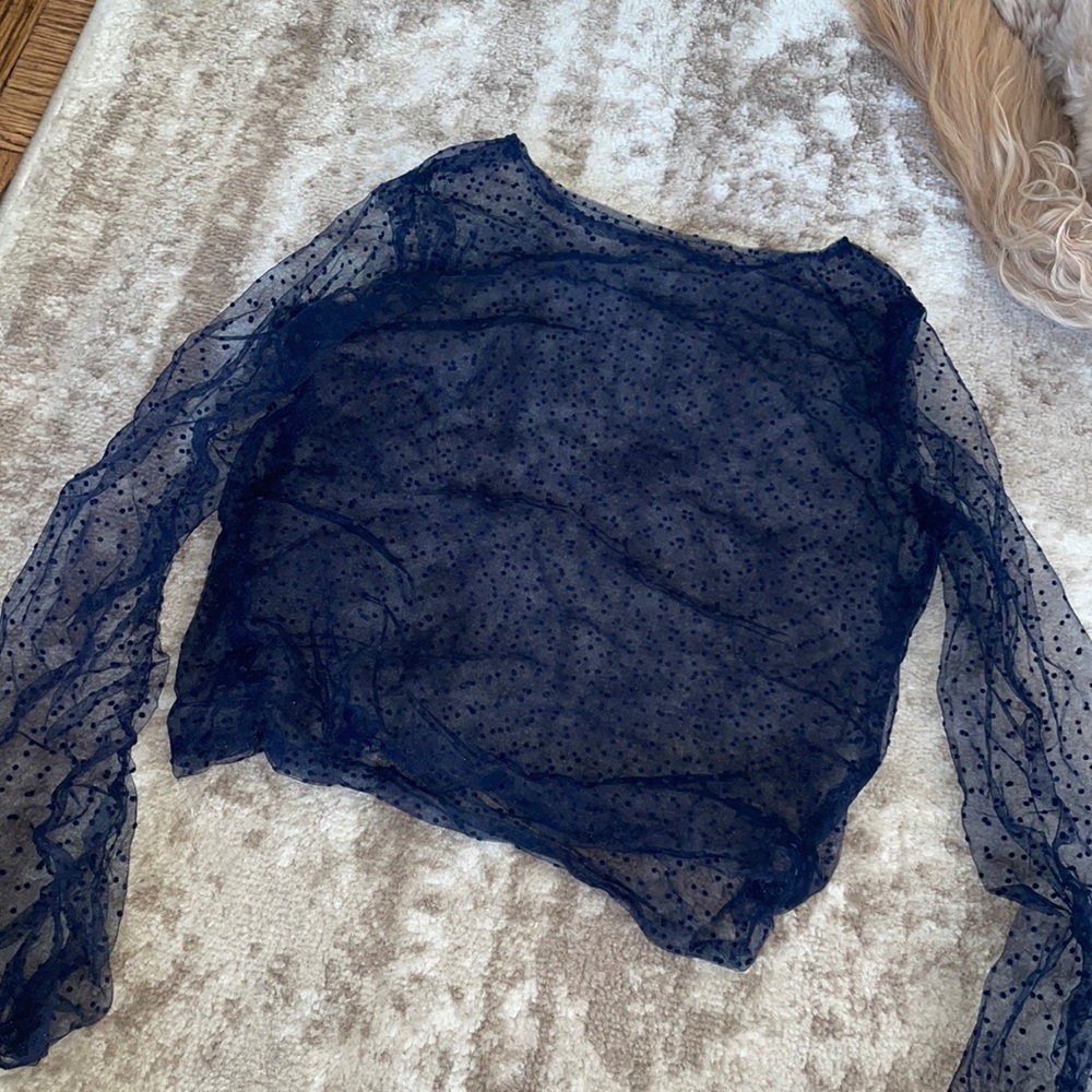 Blue polka dot mesh top